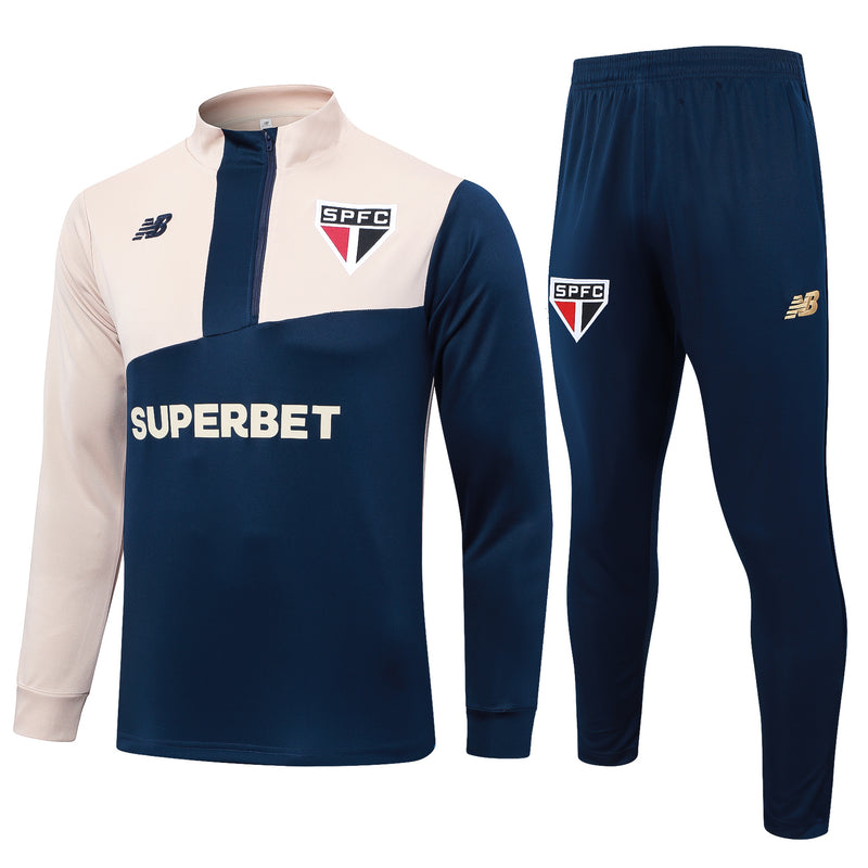 24/25 Conjunto Treino São Paulo - Frio Zíper Curto - Azul e Bege
