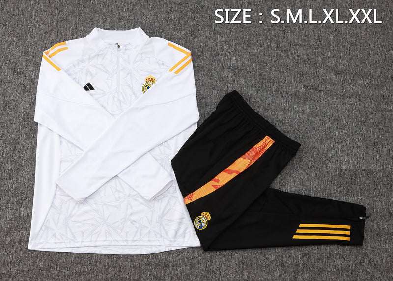 24/25 Conjunto Treino Real Madrid - Frio Zíper Curto - Branco com Laranja