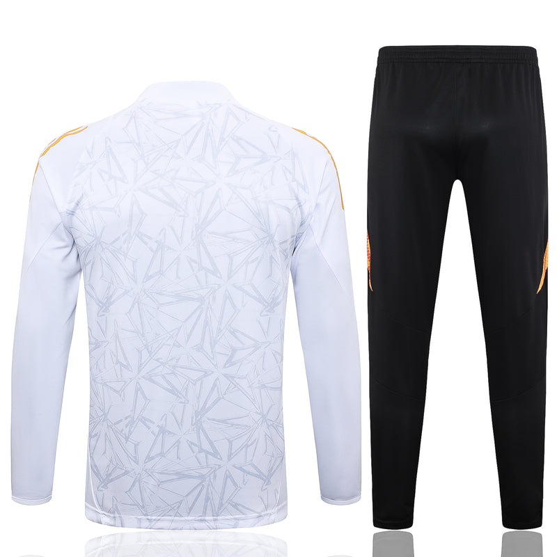24/25 Conjunto Treino Real Madrid - Frio Zíper Curto - Branco com Laranja