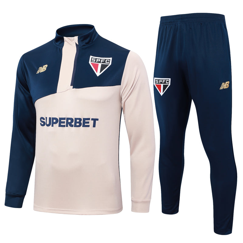 24/25 Conjunto Treino São Paulo - Frio Zíper Curto - Bege e Azul