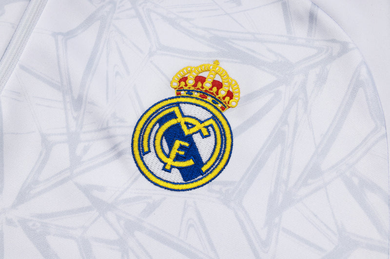 24/25 Conjunto Treino Real Madrid - Frio Zíper Curto - Branco com Laranja