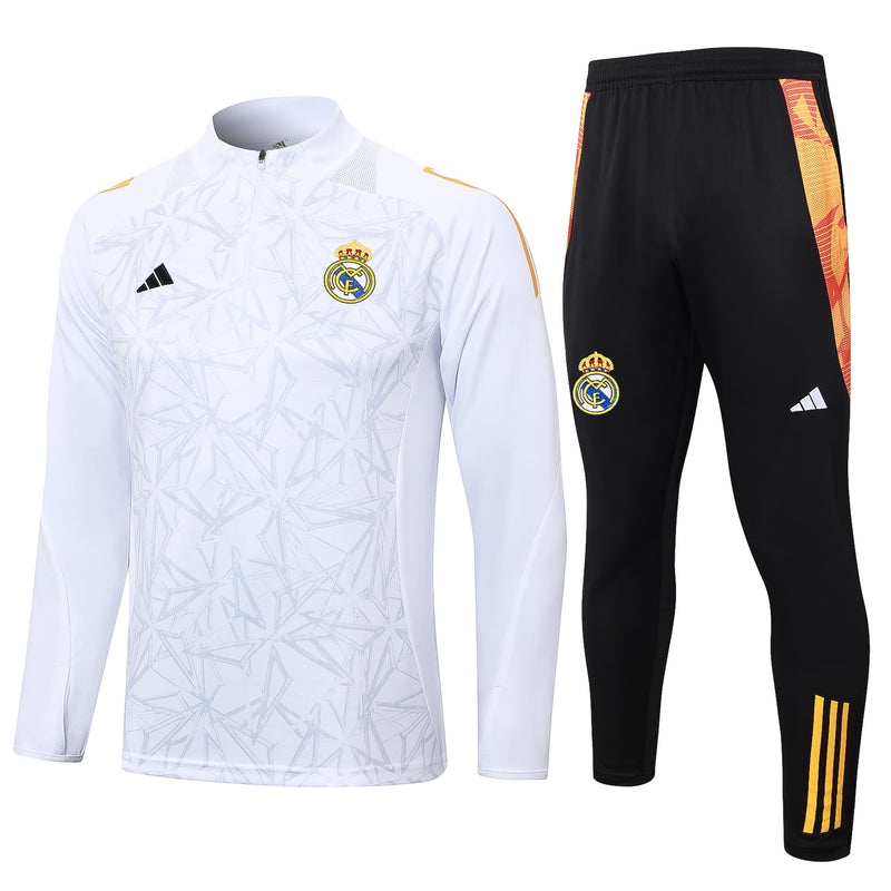24/25 Conjunto Treino Real Madrid - Frio Zíper Curto - Branco com Laranja