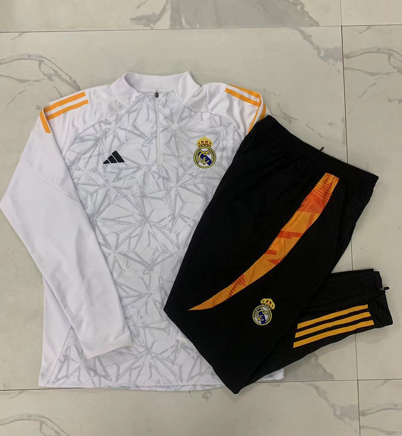 24/25 Conjunto Treino Real Madrid - Frio Zíper Curto - Branco com Laranja